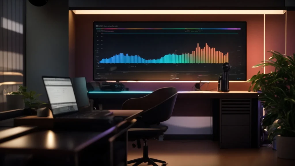a visually dynamic workspace showcases a sleek computer screen filled with colorful graphs and analytics, illuminated by warm, focused lighting that reflects a sense of growth and optimization in local seo performance.