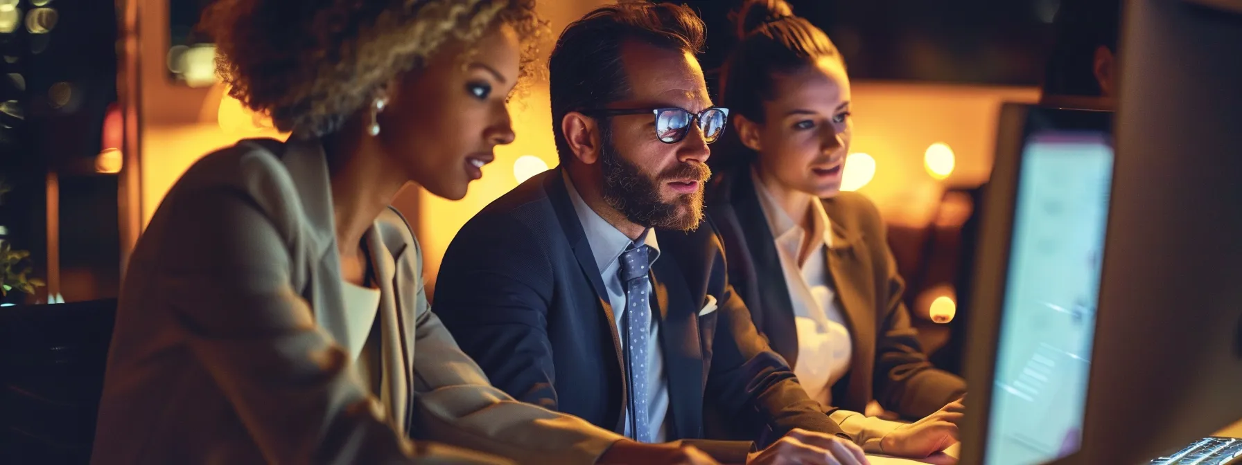 a group of business professionals working together on a computer, visibly engaged in creating customized sales strategies using sales methodology software.