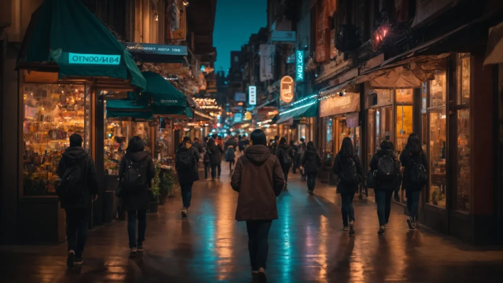 a vibrant cityscape at dusk, featuring illuminated storefronts bustling with activity, symbolizing the dynamic landscape of local businesses enhancing their online visibility through innovative seo strategies.