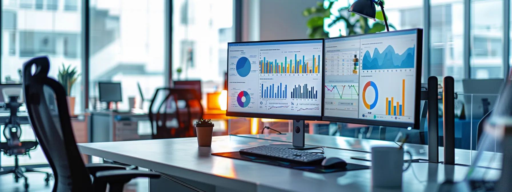 a sleek, modern office workspace filled with dual monitors displaying vibrant data visualizations and seo analytics, highlighting the fusion of cutting-edge technology and expert copywriting for optimal digital marketing strategies.