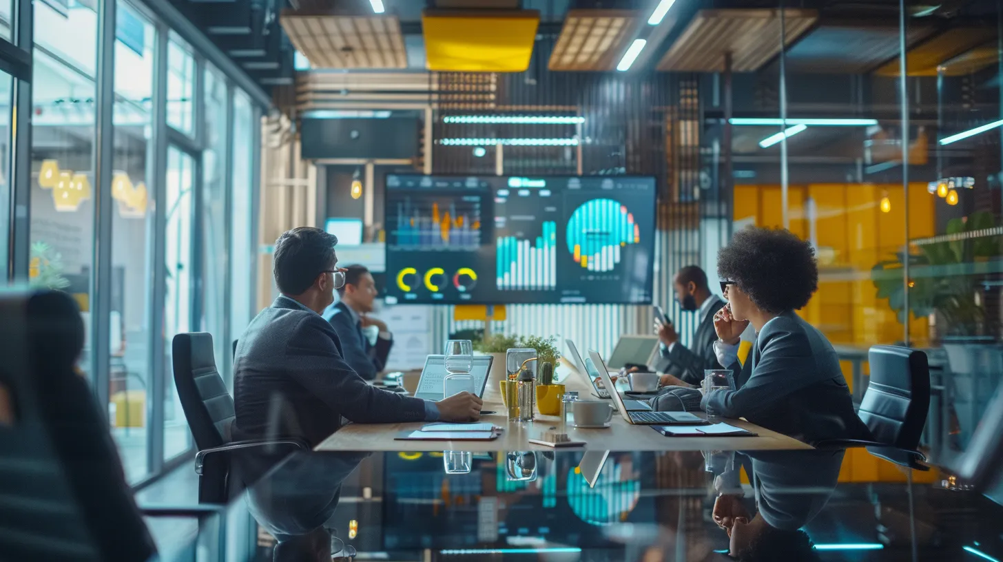 a modern office space showcases a sleek conference table adorned with laptops and digital screens displaying analytics, while a diverse group of professionals engaged in a collaborative discussion evaluate seo metrics and case studies, highlighting their expertise in the digital marketing realm.
