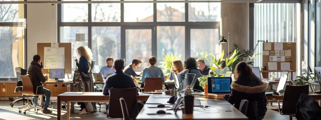 a dynamic and modern workspace bustling with focused professionals collaborating around digital screens, symbolizing enhanced project efficiency and swift feedback through seamless implementation processes.