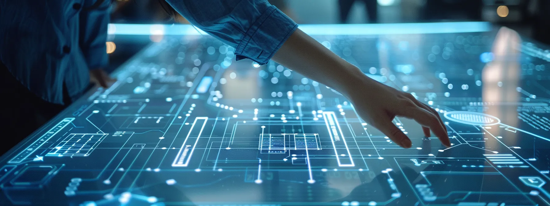 a person interacting with a form builder interface in a futuristic tech lab.