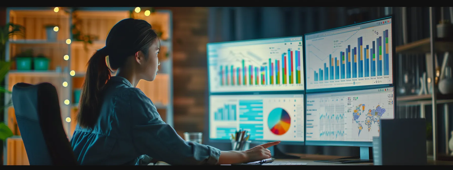 analyzing seo data on a computer screen with graphs and charts, with a person making adjustments to their digital marketing strategies.