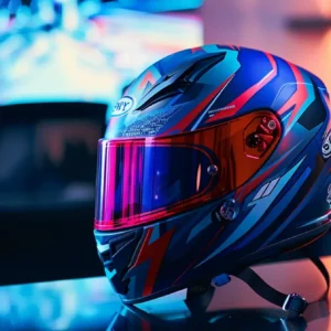 a vibrant, customized motocross helmet displayed on a sleek, modern workspace.