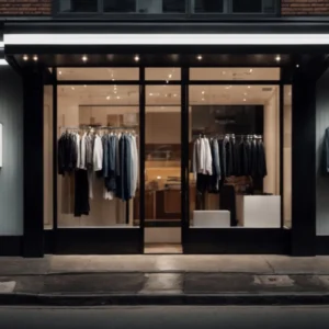 a sleek modern storefront with bold, edgy apparel on display.