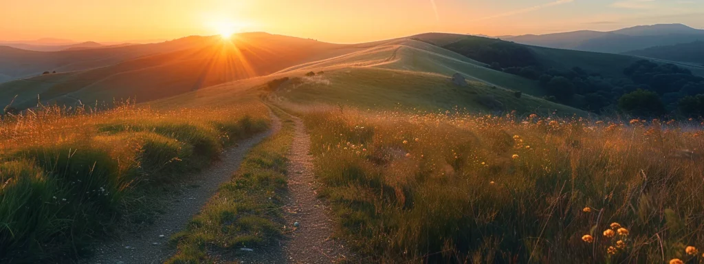 a vibrant sunrise illuminates a serene mountain path, symbolizing the journey of goal setting with clear and focused milestones represented by colorful markers along the trail.