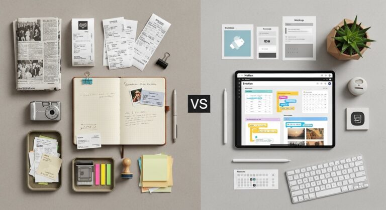 Illustration comparing Notion and Evernote for personal knowledge management (Tech & Digital Productivity)