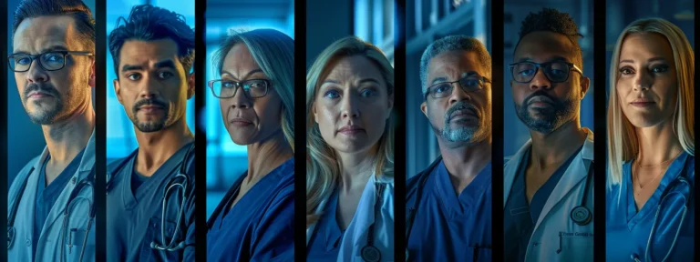 a vibrant and dynamic collage of healthcare professionals from various specialties engaged in their roles, showcasing a diverse array of environments, with warm, natural lighting illuminating each scene.