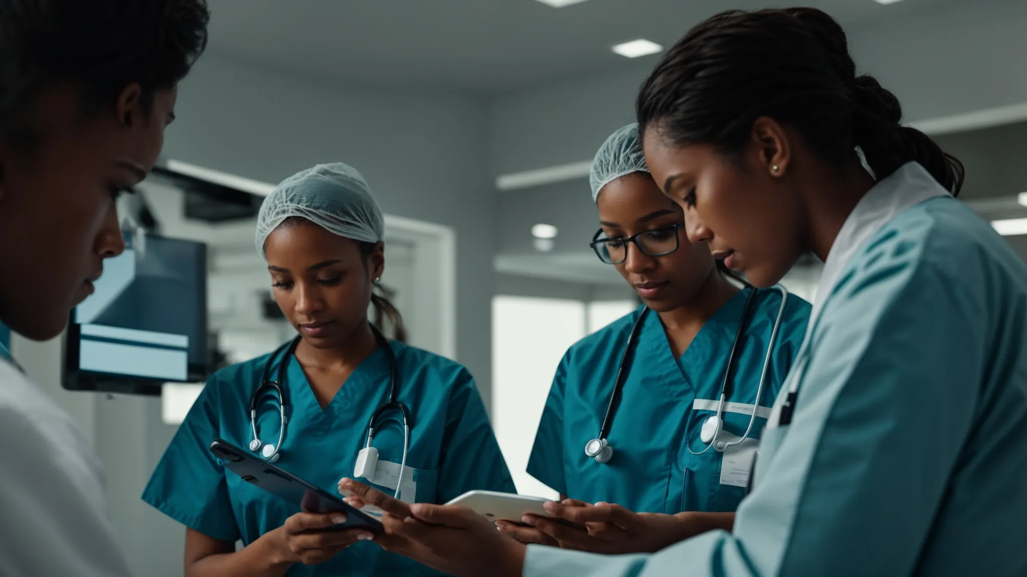 a diverse group of healthcare professionals collaborates around a digital tablet displaying medical data.