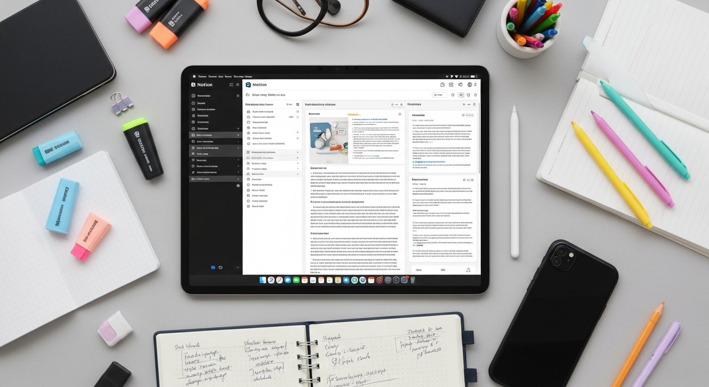 Illustration of a student using note-taking apps on a tablet and laptop — Tech & Digital Productivity