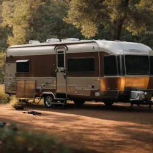 a recreational vehicle parked amidst serene nature at a campsite during sunrise.