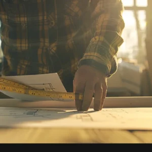 a person examining blueprints and measuring tape in a construction zone.
