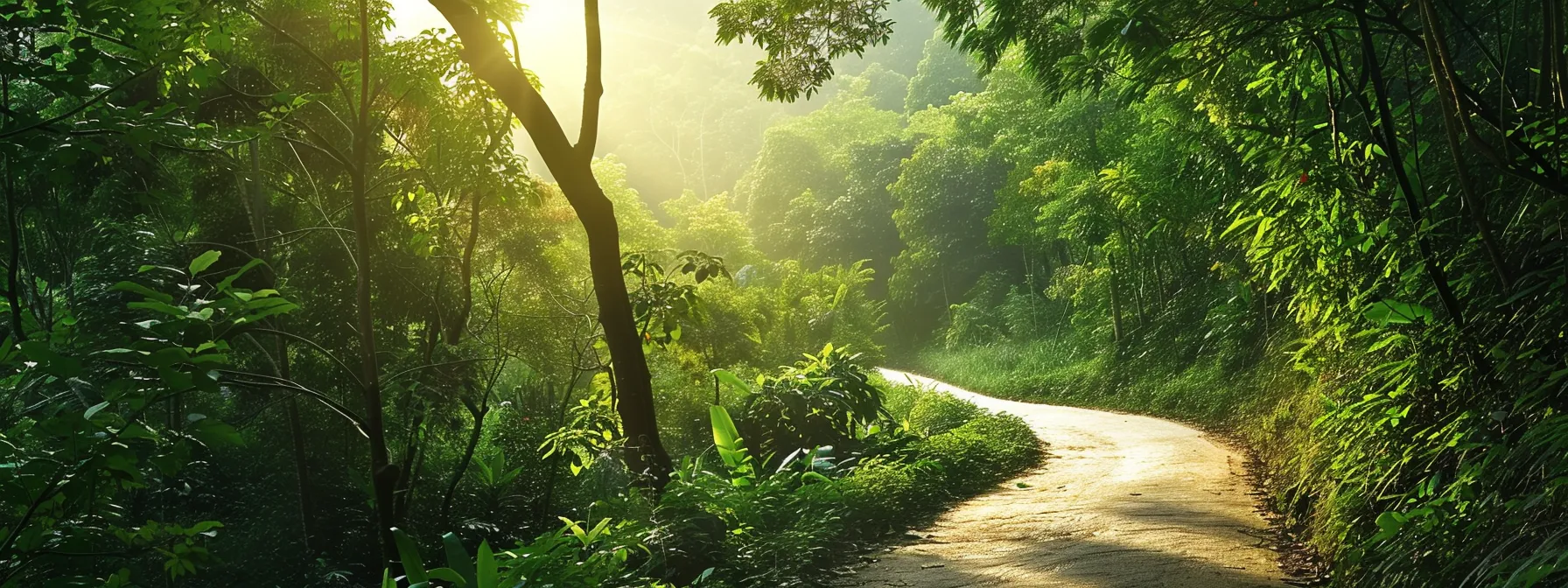 a serene landscape showcases a winding path leading through lush greenery, symbolizing the journey of self-improvement, with vibrant sunlight filtering through the trees, representing clarity and focus on achieving specific goals.