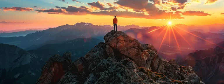 a vibrant sunrise illuminates a solitary figure standing on a mountain peak, gazing outward with determination, symbolizing the journey of self-improvement and the limitless potential within.