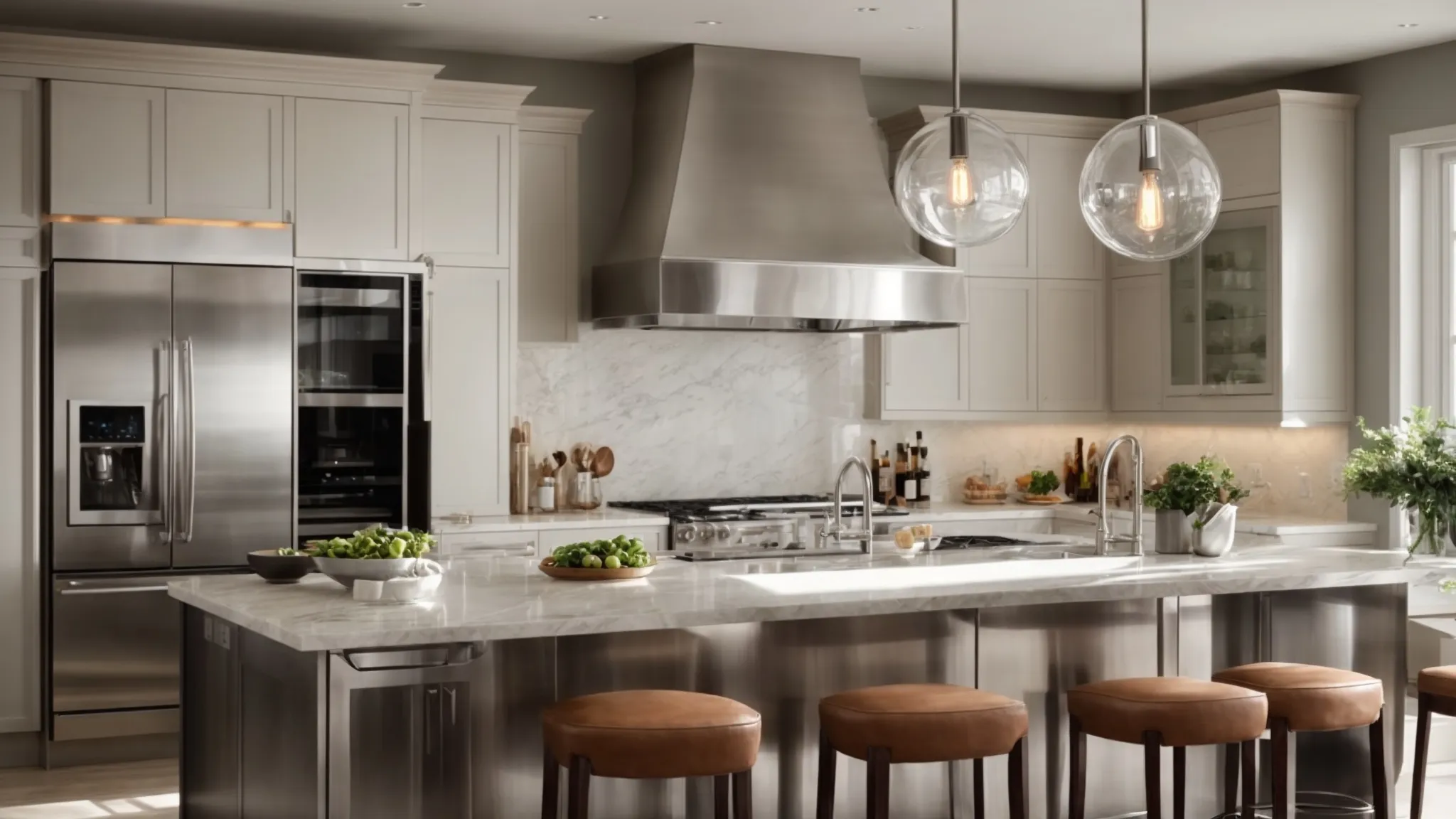 a modern kitchen illuminated by trendy lighting fixtures, showcasing stainless steel appliances, neutral tones, and an open-layout design.