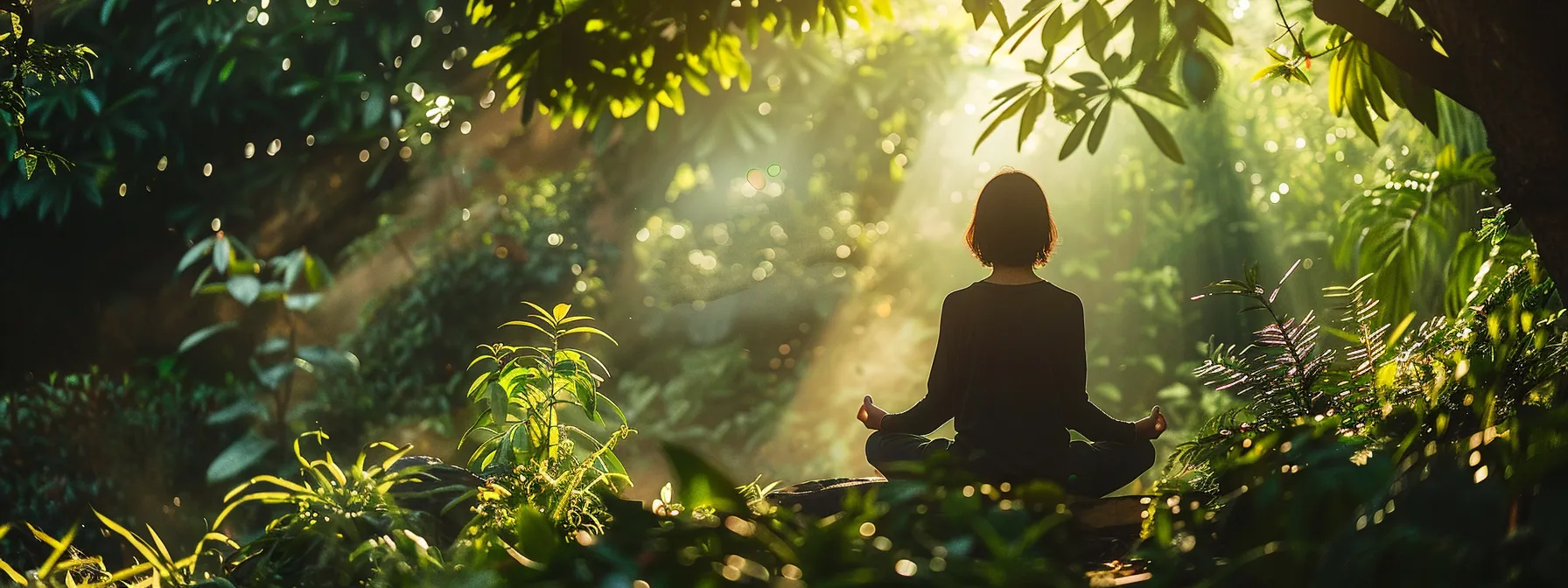 a serene morning scene of a person meditating in a tranquil garden, surrounded by vibrant greenery and soft sunlight filtering through the leaves, embodying the essence of mindfulness and balance for self-improvement.