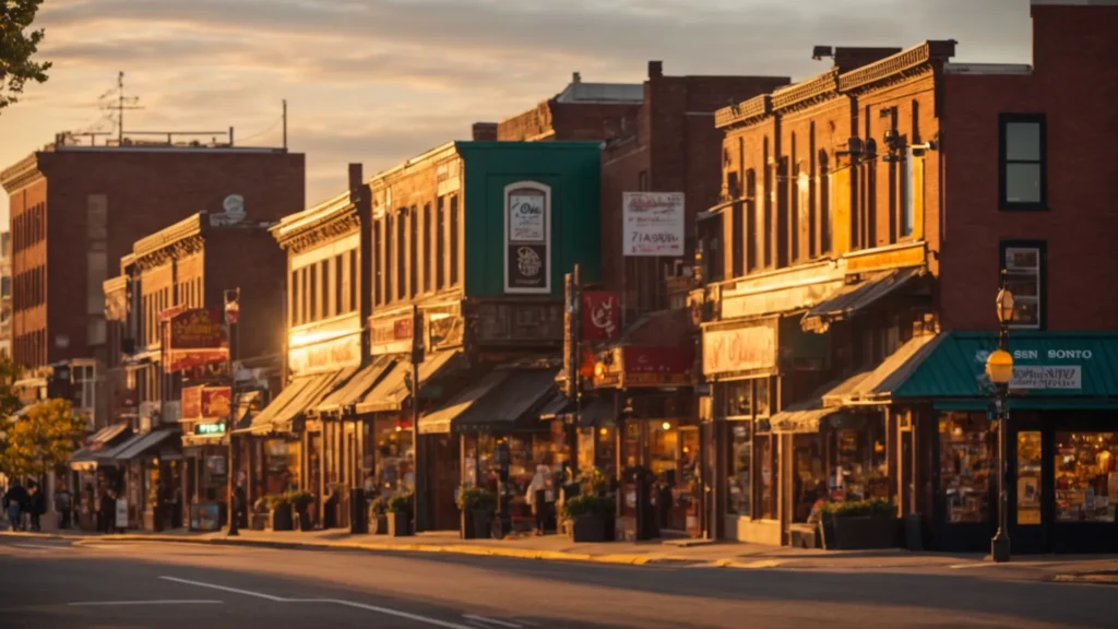 a vibrant street scene showcasing a bustling local business district, illuminated by golden hour sunlight, where success stories of small businesses emerge through vividly displayed storefronts and engaging digital billboards highlighting local seo campaigns.