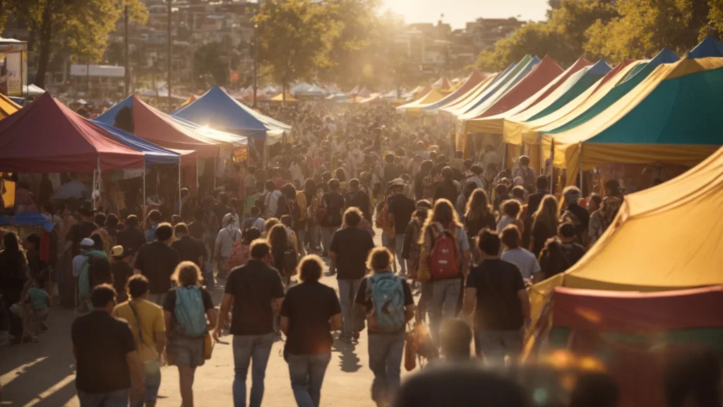 a vibrant community festival scene bustling with local business owners engaging with residents, colorful tents showcasing products, and lively interactions, bathed in warm, golden sunlight to highlight the spirit of collaboration and connection.