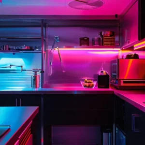 a sleek, modern mobile kitchen design featuring stainless steel appliances and a vibrant pop of color.