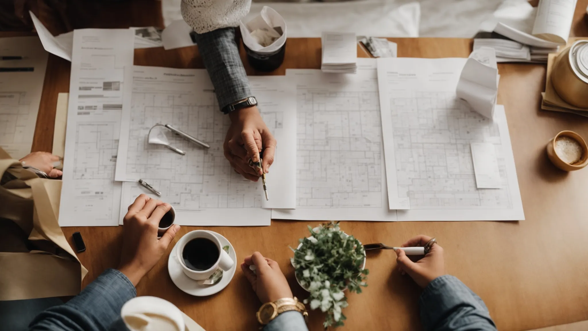 a couple reviews documents and samples at a kitchen table surrounded by remodeling plans and budget sheets.