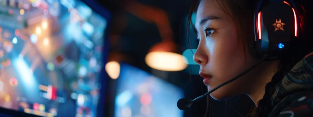 a person engaged in intense strategic gaming, analyzing data and online connections to enhance real-world skills.
