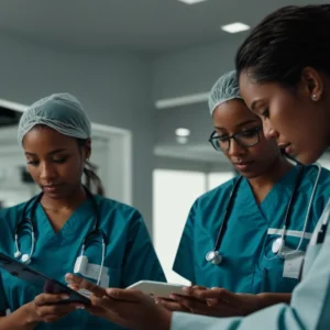 a diverse group of healthcare professionals collaborates around a digital tablet displaying medical data.