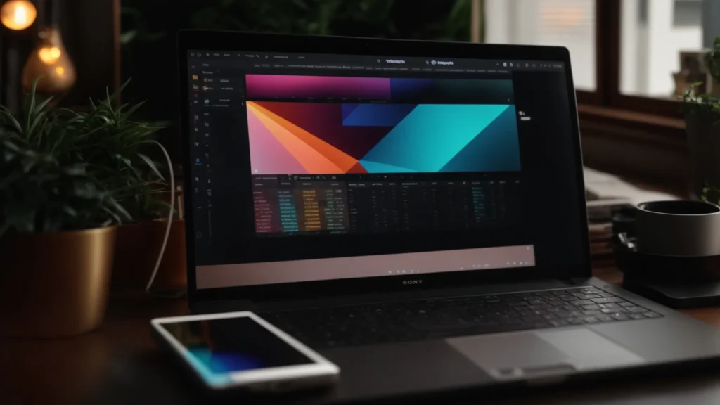 a vibrant workspace featuring a laptop screen displaying an seo analytics dashboard, surrounded by essential tools and resources that symbolize the empowerment of small businesses in enhancing their online visibility.