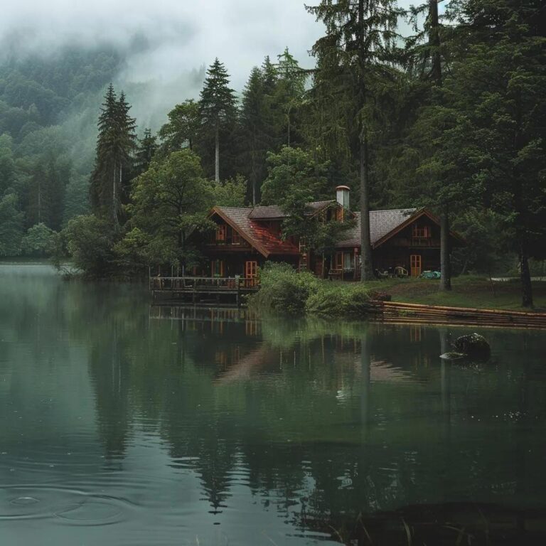 Rustic wooden house with deck on a calm lake, surrounded by foggy evergreen forest.