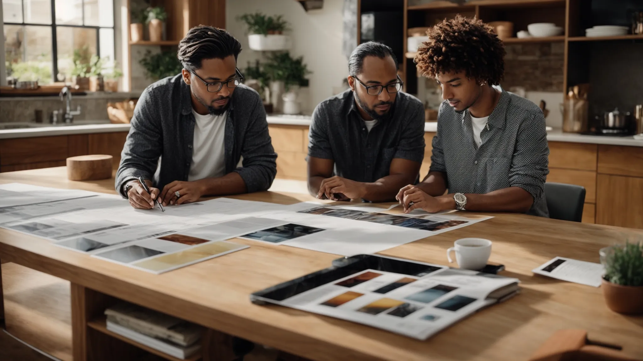 a designer and homeowner discuss plans over a kitchen island, surrounded by an array of material samples and a laptop displaying design software.