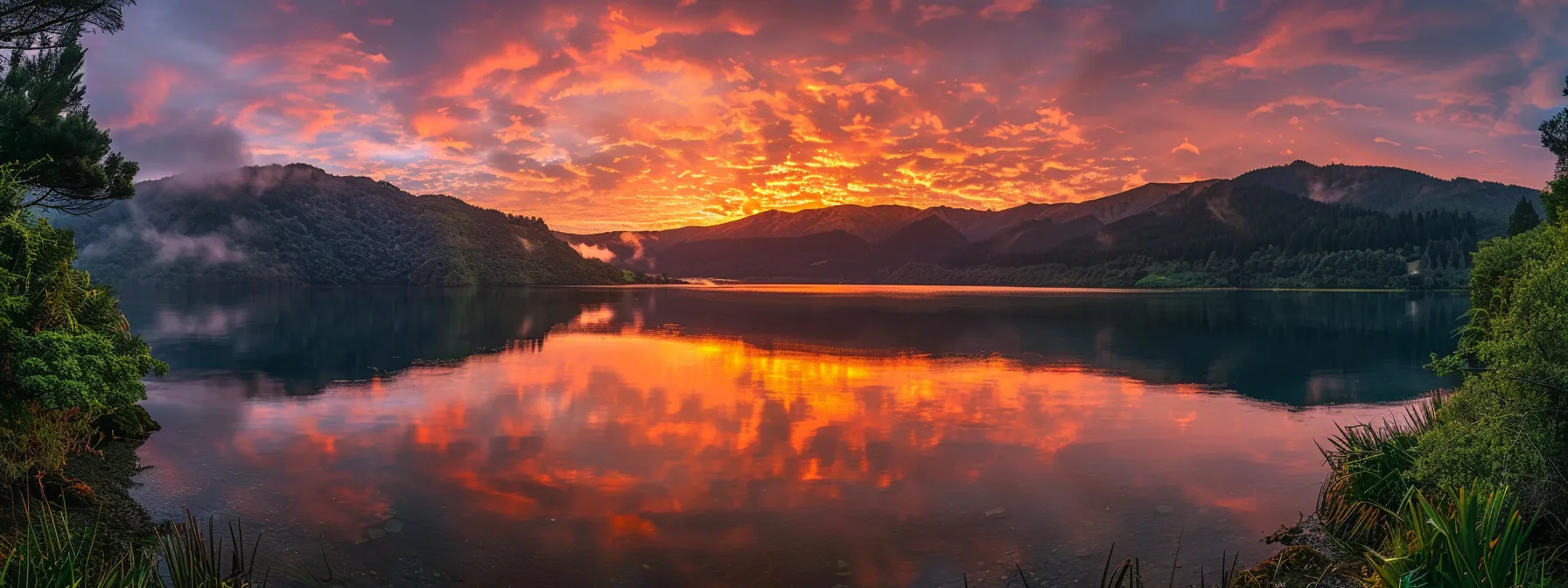 a vibrant sunset casts a warm glow over a tranquil lake, reflecting the fiery colors of the sky on its serene surface, surrounded by lush greenery.