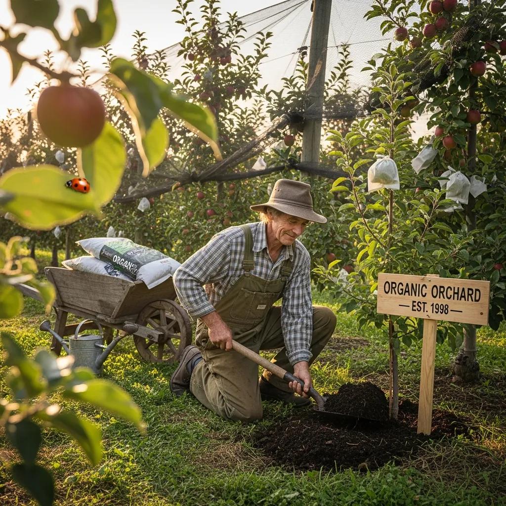 Farmer tending to organic fruit trees, illustrating labor-intensive organic farming practices