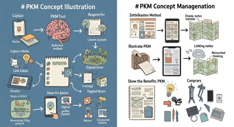 Illustration of personal knowledge management (PKM) concept: digital notes, connected ideas, and productivity tools.