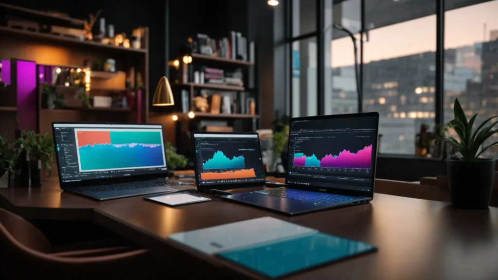 a vibrant, modern workspace showcases an open laptop displaying advanced seo analytics, surrounded by colorful graphs and charts that symbolize the success and growth of small businesses in the digital marketing landscape.