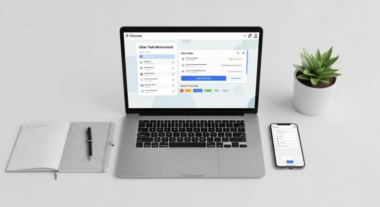 Featured illustration of a Chrome task management extension interface showing a task list and calendar