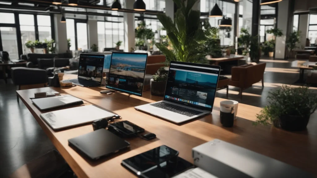 a vibrant and modern workspace filled with mobile devices displaying user-friendly website designs, illuminated by soft natural light to emphasize the importance of mobile optimization and user experience.