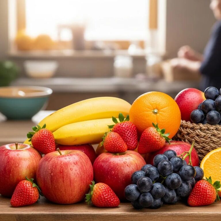 Colorful assortment of organic fruits including apples, bananas, strawberries, oranges, and grapes