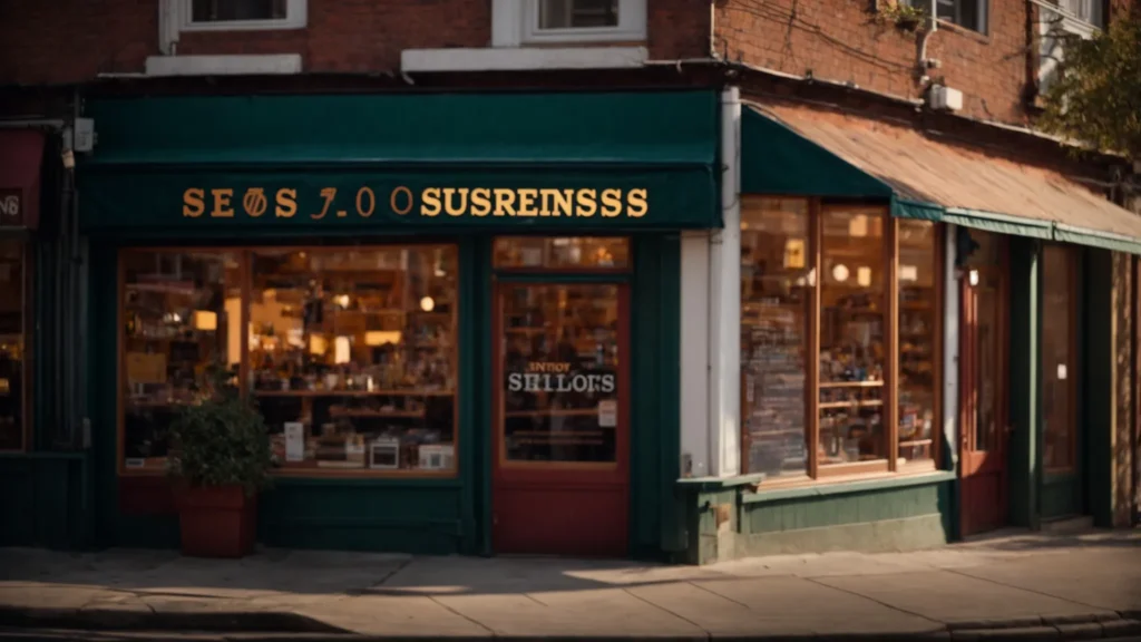 a vibrant, bustling small business storefront illuminated by warm sunlight, symbolizing growth and digital success, with a clear focus on a prominently displayed