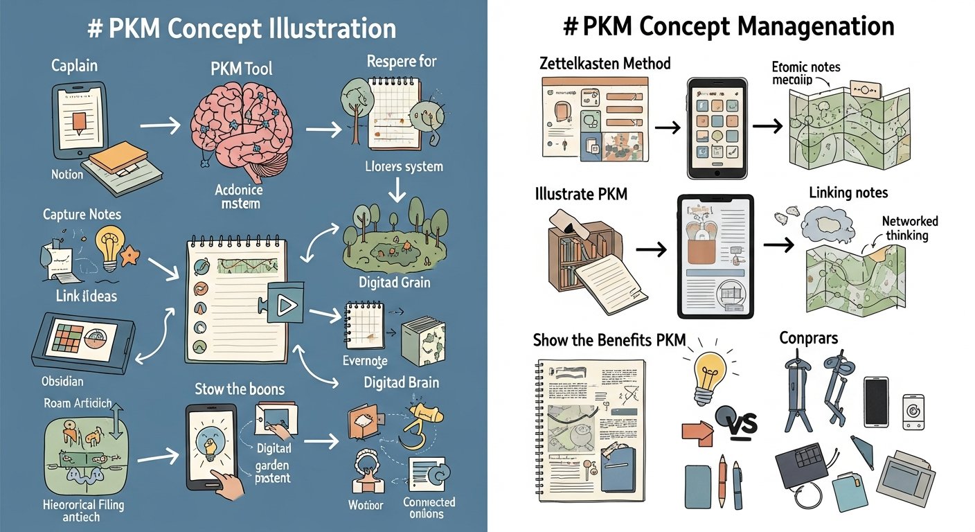 Illustration of personal knowledge management (PKM) concept: digital notes, connected ideas, and productivity tools.