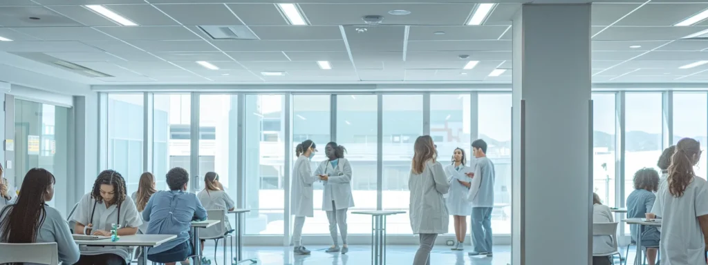 a bright, welcoming healthcare training classroom, featuring diverse students engaged in hands-on learning activities related to respiratory therapy and audiology, illuminated by soft natural light streaming through large windows.