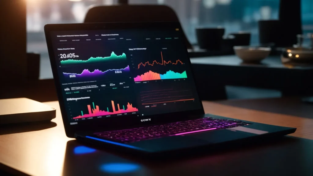 a vibrant digital workspace featuring an open laptop displaying colorful graphs and analytics dashboards, surrounded by tools symbolizing seo growth and brand awareness, illuminated by soft, warm light from a nearby window.
