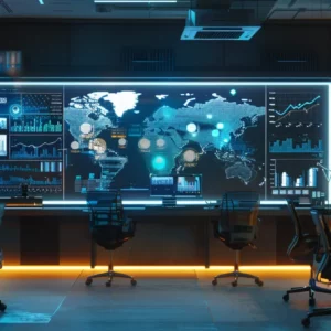 a sleek, modern office workspace illuminated by soft, overhead lighting showcases advanced digital screens displaying analytics and automation tools, symbolizing the cutting-edge integration of seo efficiency and smart automation.
