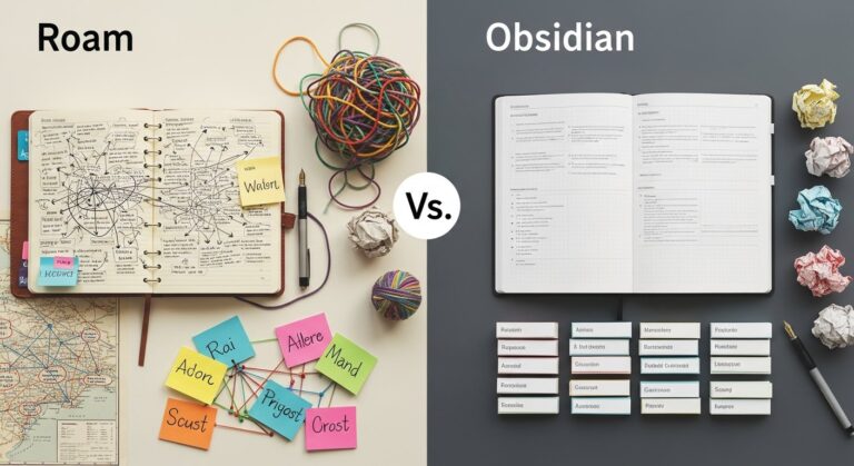 Illustration comparing Roam Research and Obsidian note-taking apps for tech and digital productivity