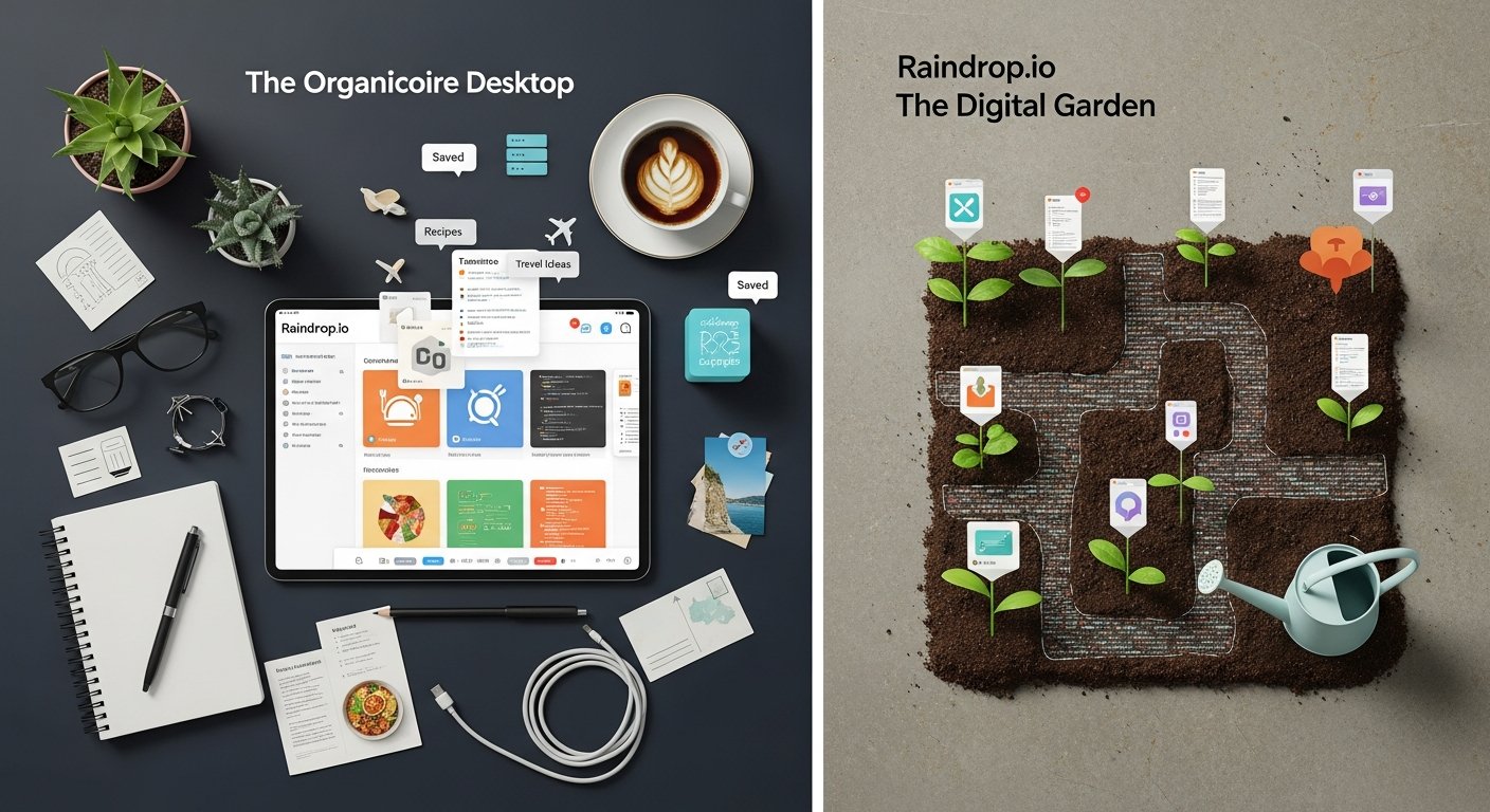 Illustration for Raindrop.io review showing bookmark manager interface and productivity icons