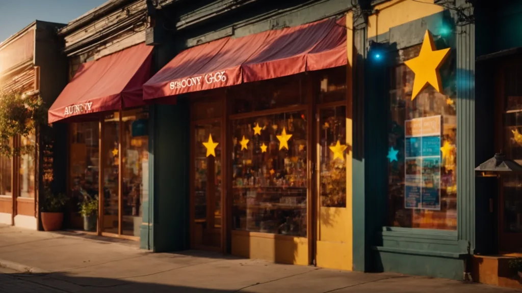 a vibrant urban storefront adorned with colorful customer review stars, illuminated by golden hour sunlight, symbolizing the dynamic relationship between local businesses and community feedback.
