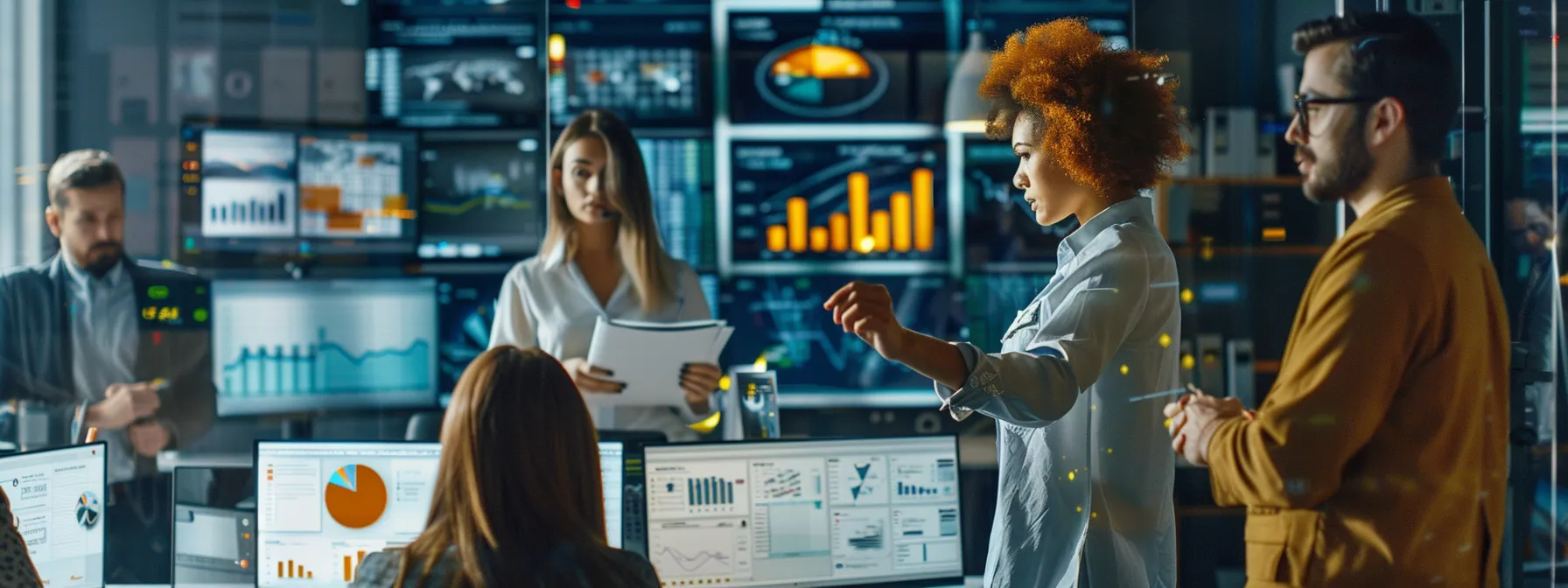 a modern office environment featuring a diverse group of professionals engaging with cutting-edge technology, showcasing dynamic graphs and metrics on sleek screens that illustrate skyrocketing seo productivity and efficiency gains.