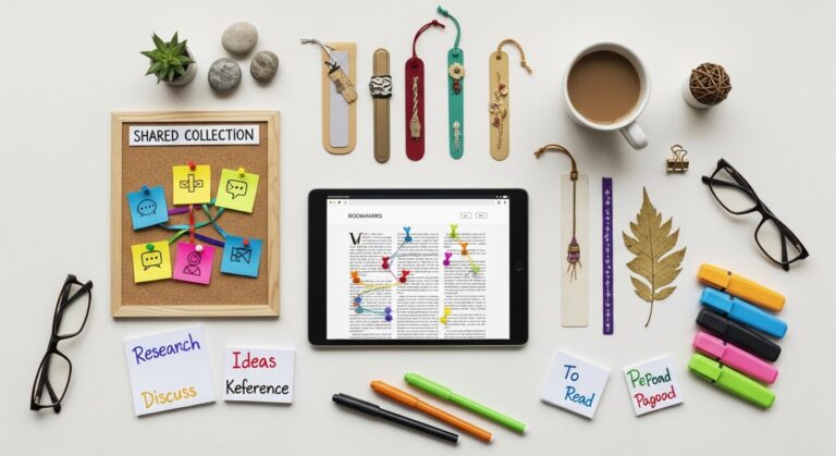 Illustration of a team using a collaborative bookmarking app on devices to manage bookmarks for digital productivity