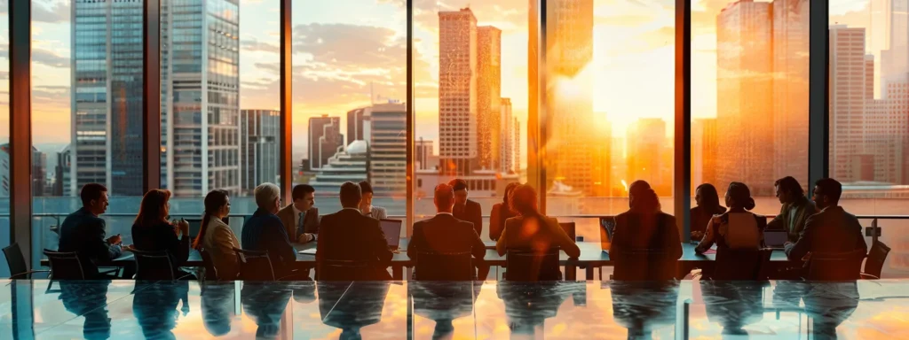 a dynamic, high-contrast business meeting room scene captures a diverse group of professionals enthusiastically discussing competitive pricing strategies, illuminated by warm light streaming through large windows, symbolizing the immediate benefits of reduced costs and increased profits.