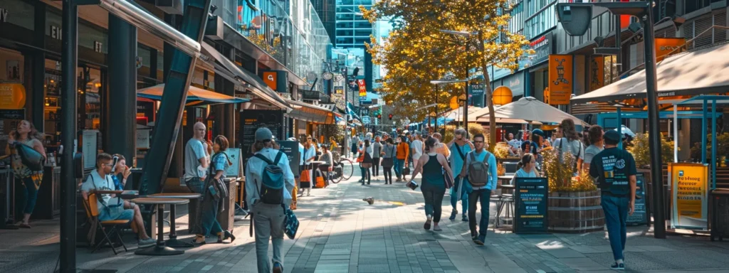 a bustling city street with vibrant local businesses, mobile-friendly signs, and fast-loading websites displayed on screens.