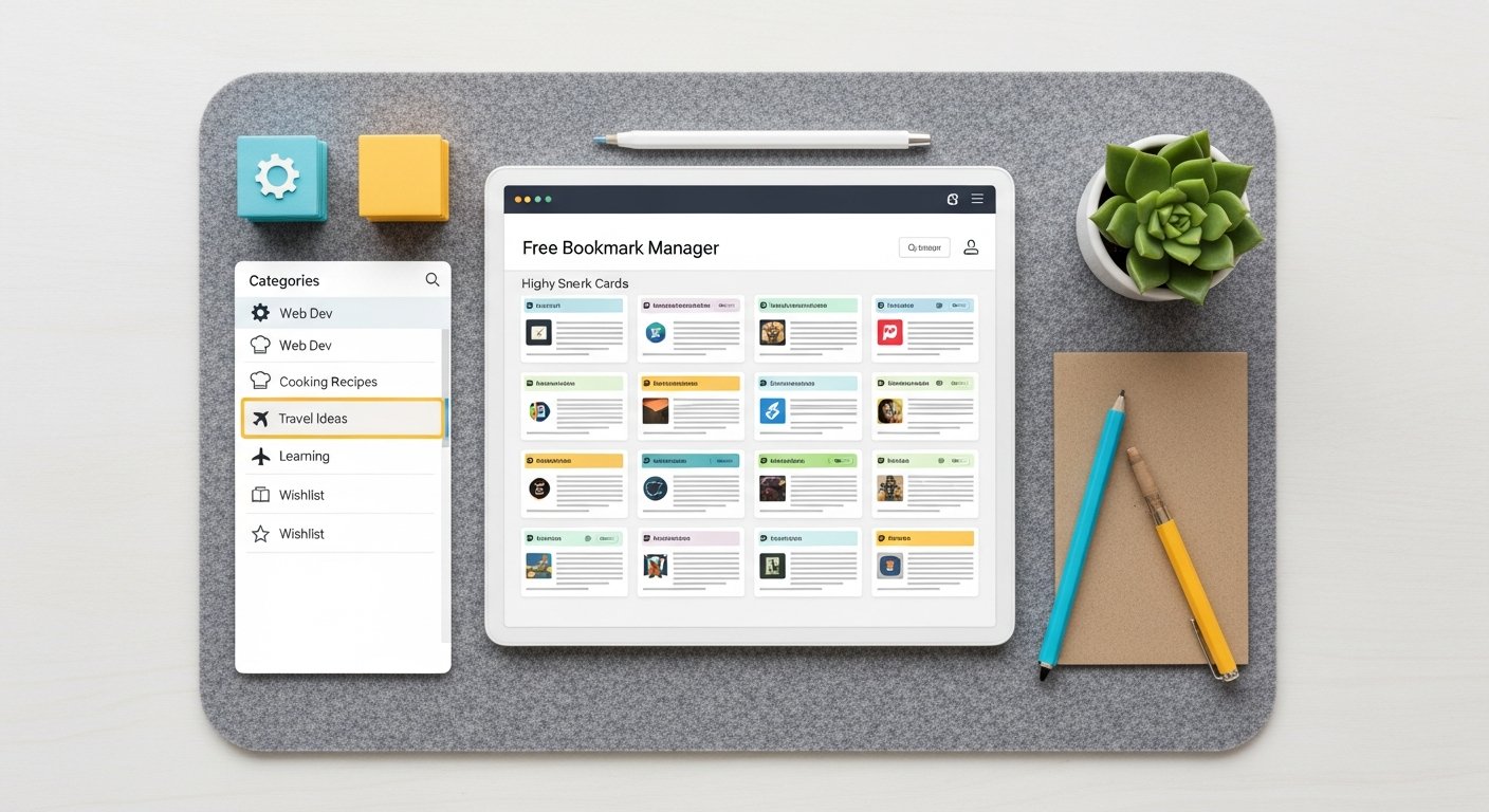 Illustration of a free bookmark manager app interface for tech and digital productivity